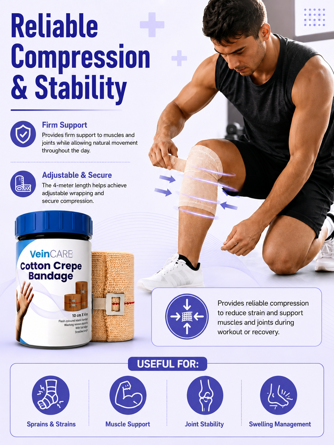 Vein CARE Cotton Elastic Crepe Bandage, 4m Length, Beige, Multiple Widths, Washable, for Sports Injuries and Joint Support