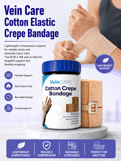 Vein CARE Cotton Elastic Crepe Bandage, 4m Length, Beige, Multiple Widths, Washable, for Sports Injuries and Joint Support