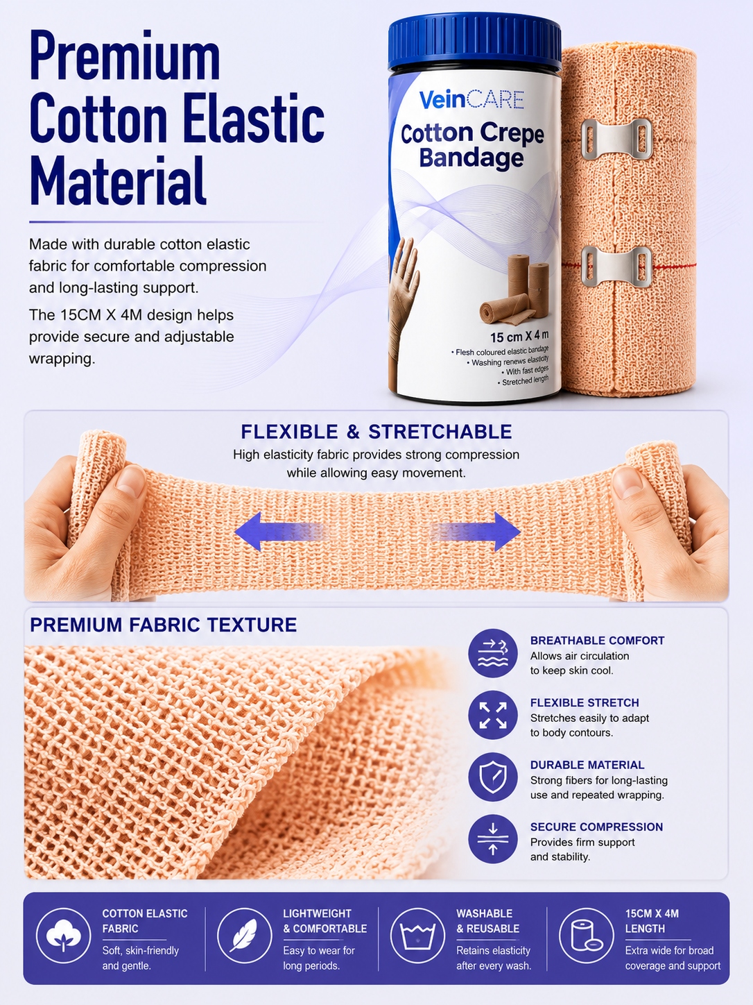 Vein CARE Cotton Elastic Crepe Bandage, 4m Length, Beige, Multiple Widths, Washable, for Sports Injuries and Joint Support