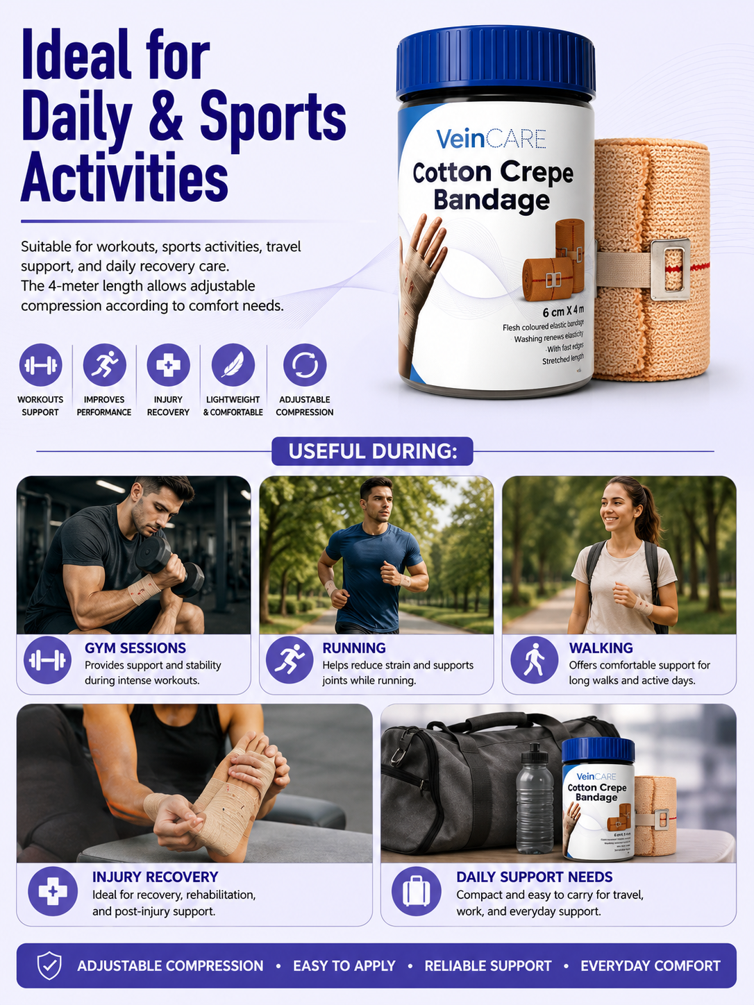 Vein CARE Cotton Elastic Crepe Bandage, 4m Length, Beige, Multiple Widths, Washable, for Sports Injuries and Joint Support