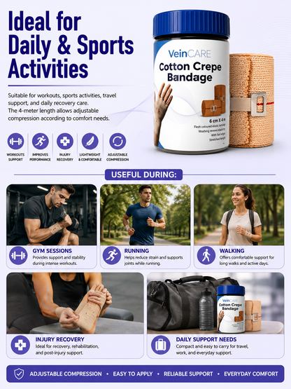 Vein CARE Cotton Elastic Crepe Bandage, 4m Length, Beige, Multiple Widths, Washable, for Sports Injuries and Joint Support