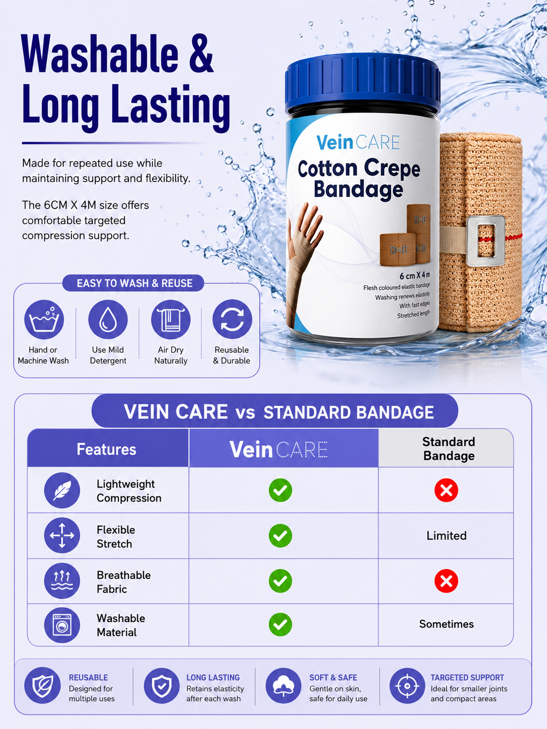 Vein CARE Cotton Elastic Crepe Bandage, 4m Length, Beige, Multiple Widths, Washable, for Sports Injuries and Joint Support