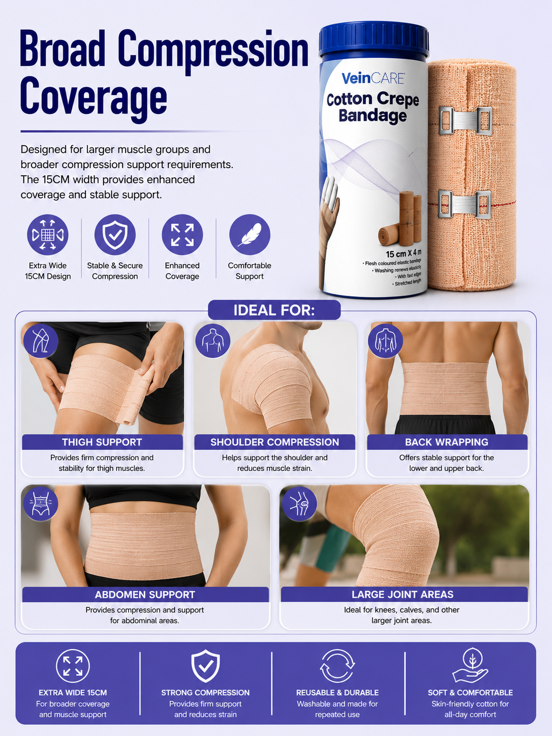 Vein CARE Cotton Elastic Crepe Bandage, 4m Length, Beige, Multiple Widths, Washable, for Sports Injuries and Joint Support