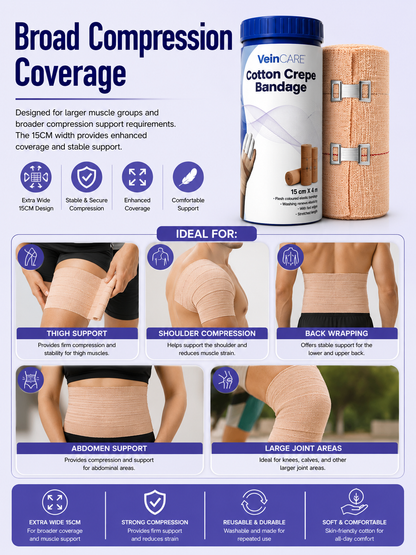Vein CARE Cotton Elastic Crepe Bandage, 4m Length, Beige, Multiple Widths, Washable, for Sports Injuries and Joint Support