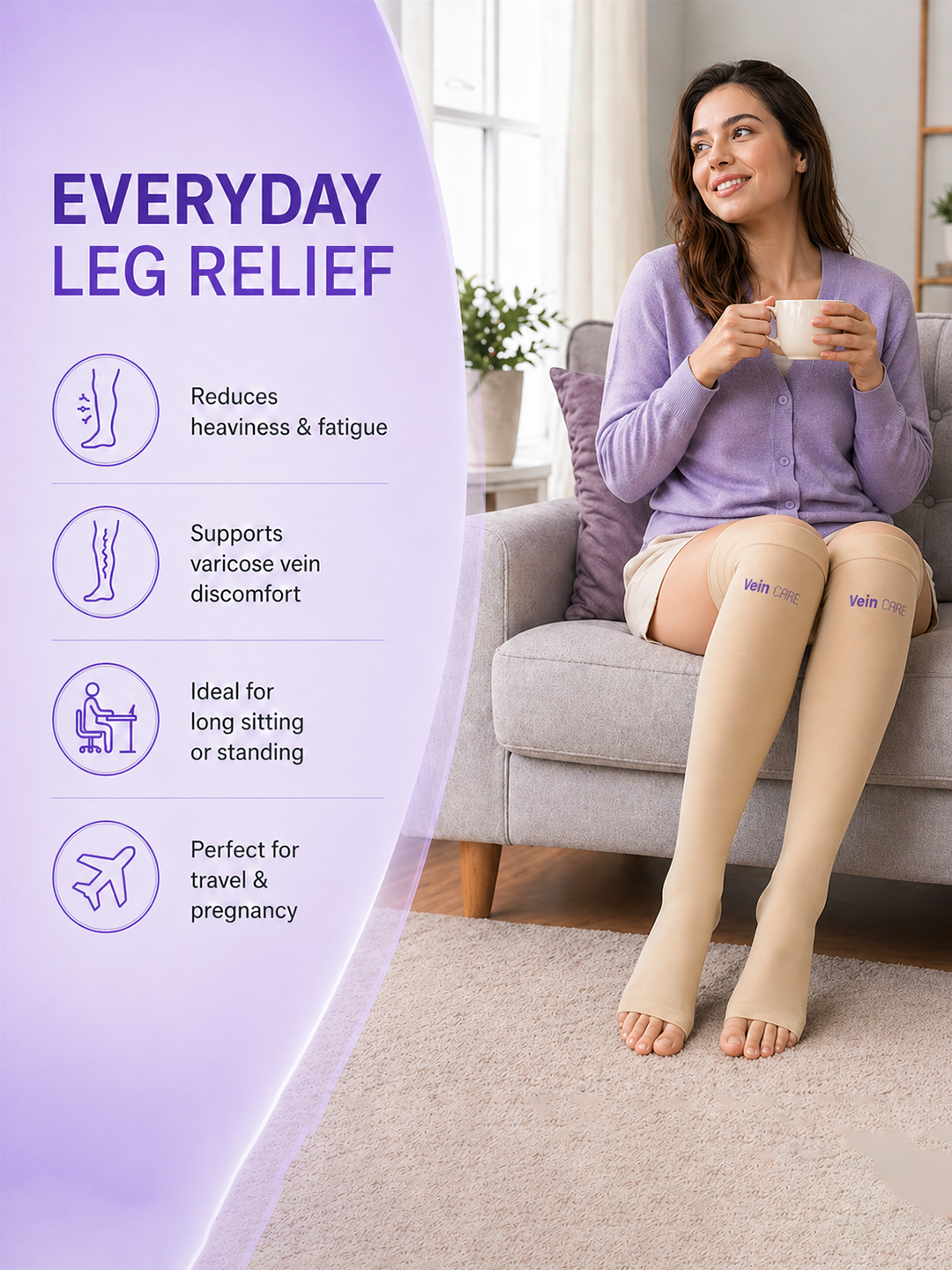 Vein CARE Above Knee Compression Stockings Class 1 for Preventive Care, 15-21 mmHg, Pair