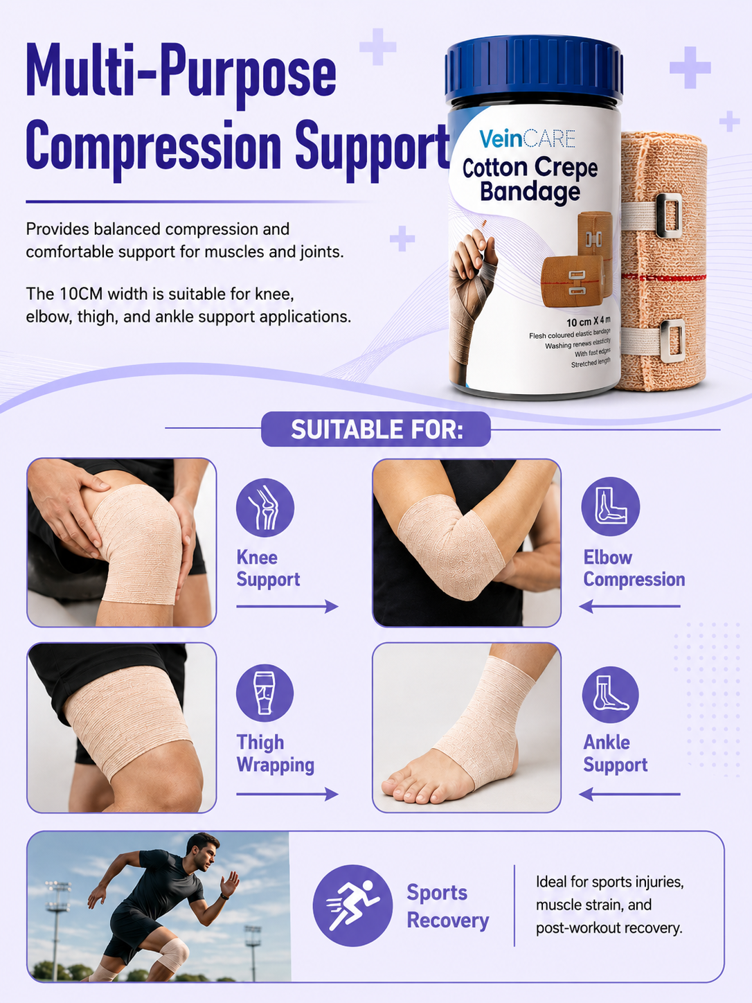Vein CARE Cotton Elastic Crepe Bandage, 4m Length, Beige, Multiple Widths, Washable, for Sports Injuries and Joint Support