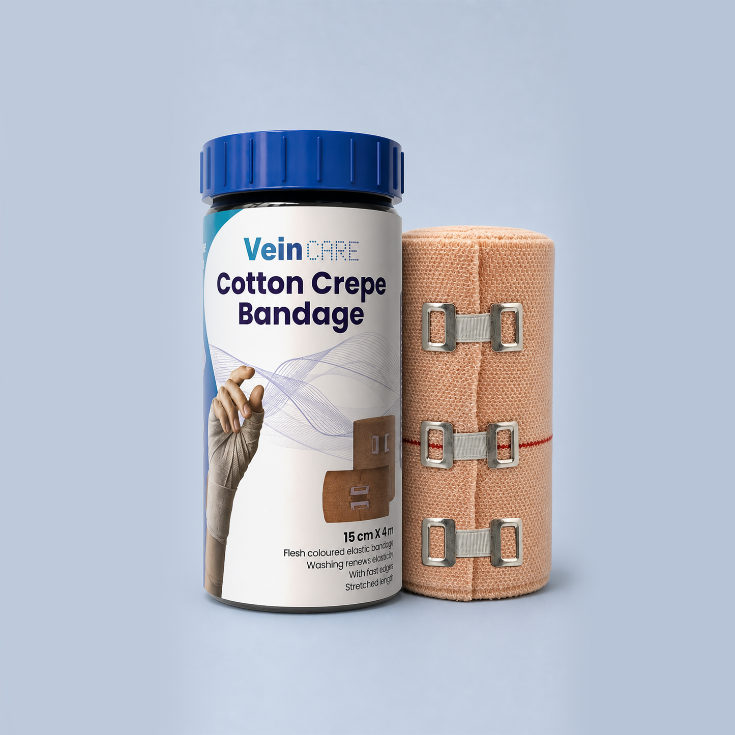 Vein CARE Cotton Elastic Crepe Bandage, 4m Length, Beige, Multiple Widths, Washable, for Sports Injuries and Joint Support
