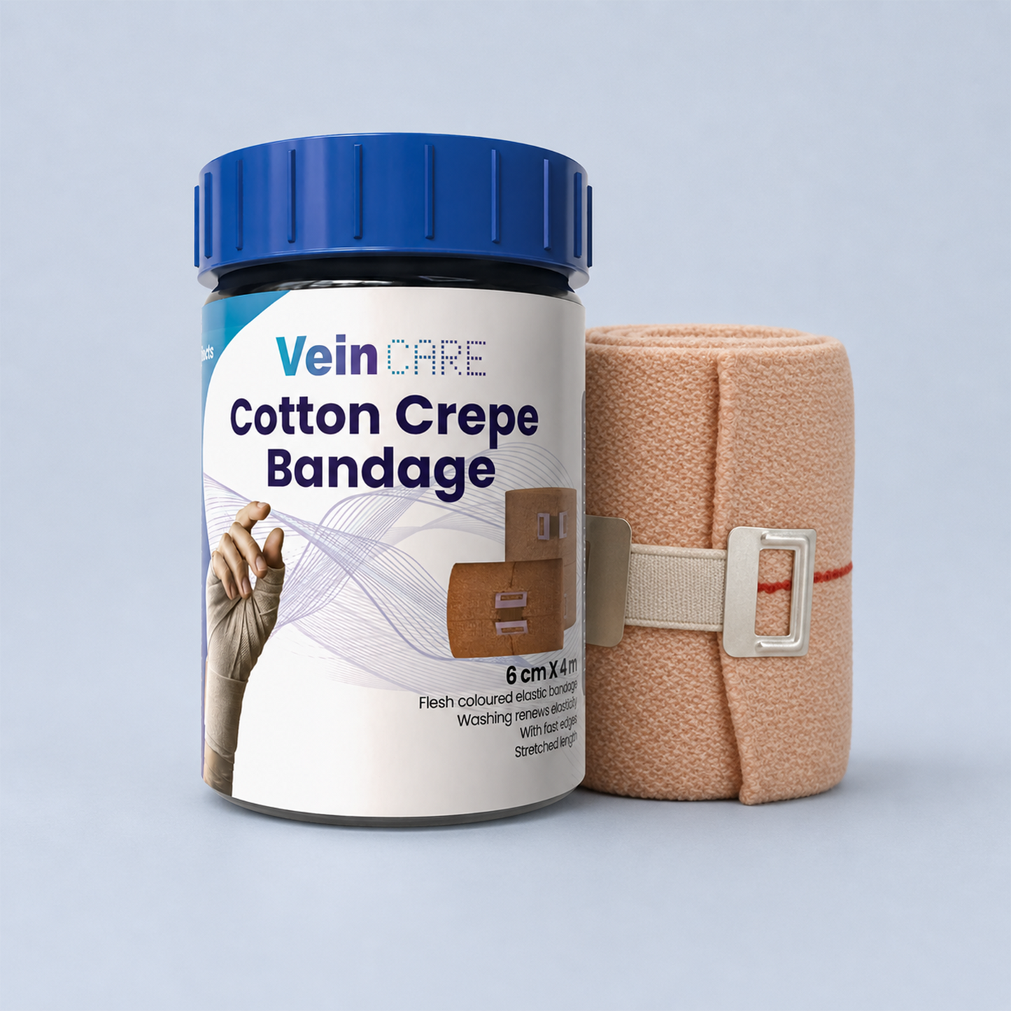 Vein CARE Cotton Elastic Crepe Bandage, 4m Length, Beige, Multiple Widths, Washable, for Sports Injuries and Joint Support